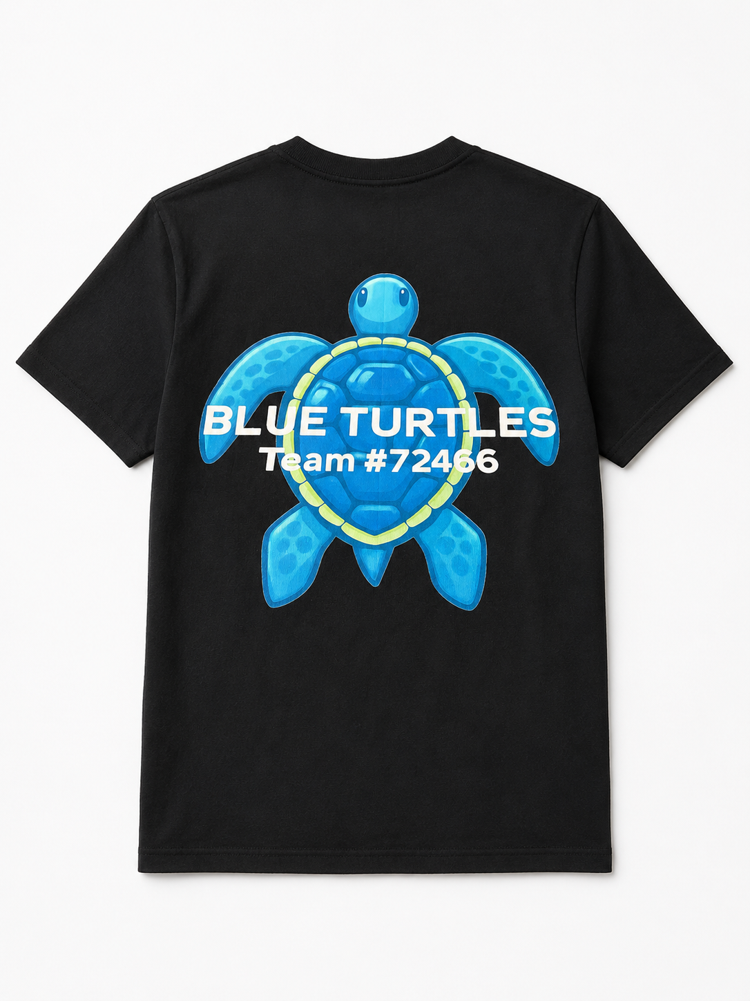 Black team shirt with blue turtle graphic