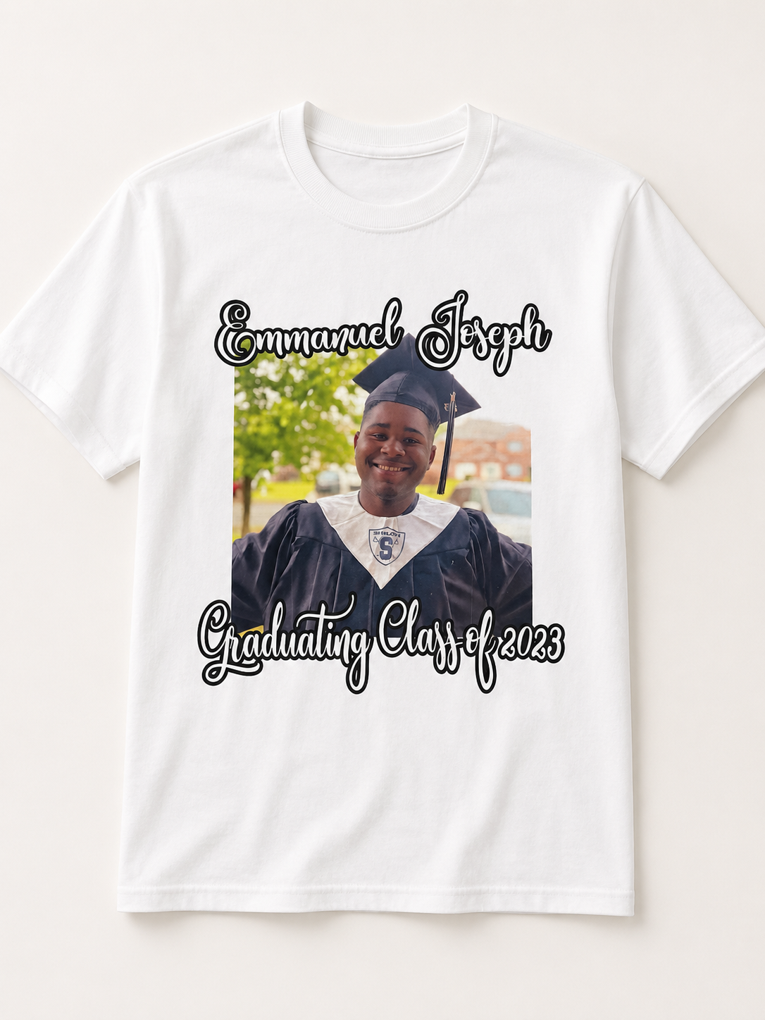 White graduation shirt with photo and name