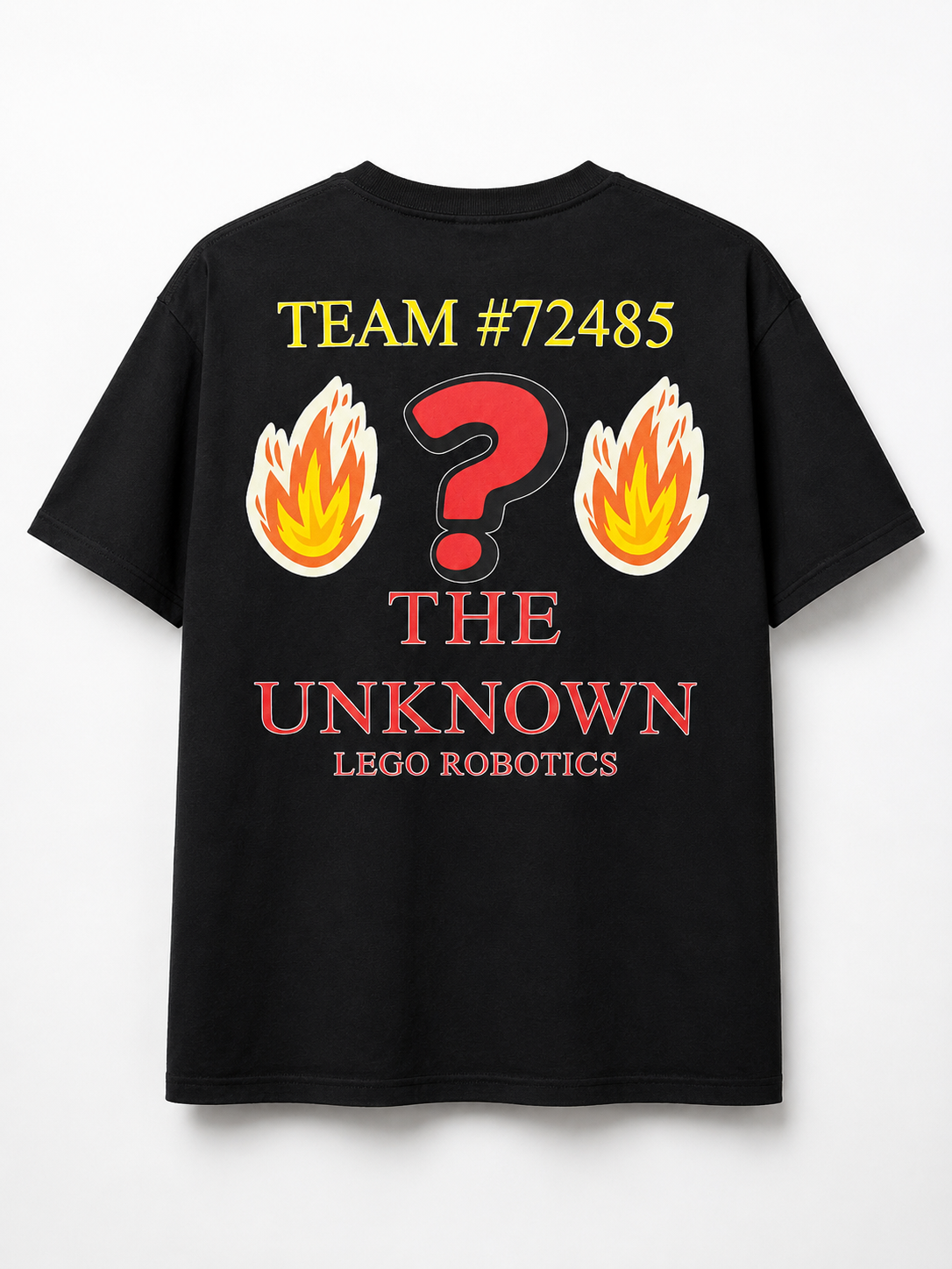 Black robotics team shirt with flame graphics